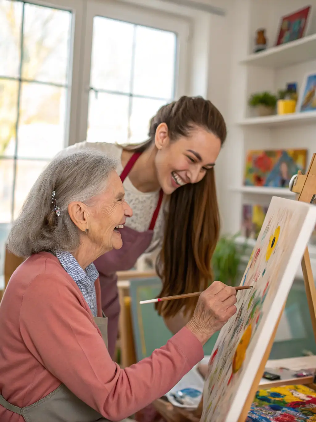 A close-up shot of a volunteer assisting a senior with an art project during a creative arts session at AHS-FC.
