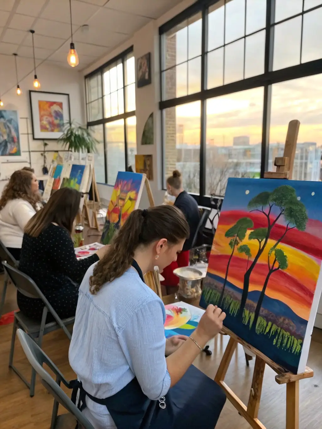 A diverse group of adults engaging in a creative art therapy session, with an instructor guiding them through painting and sculpting activities.