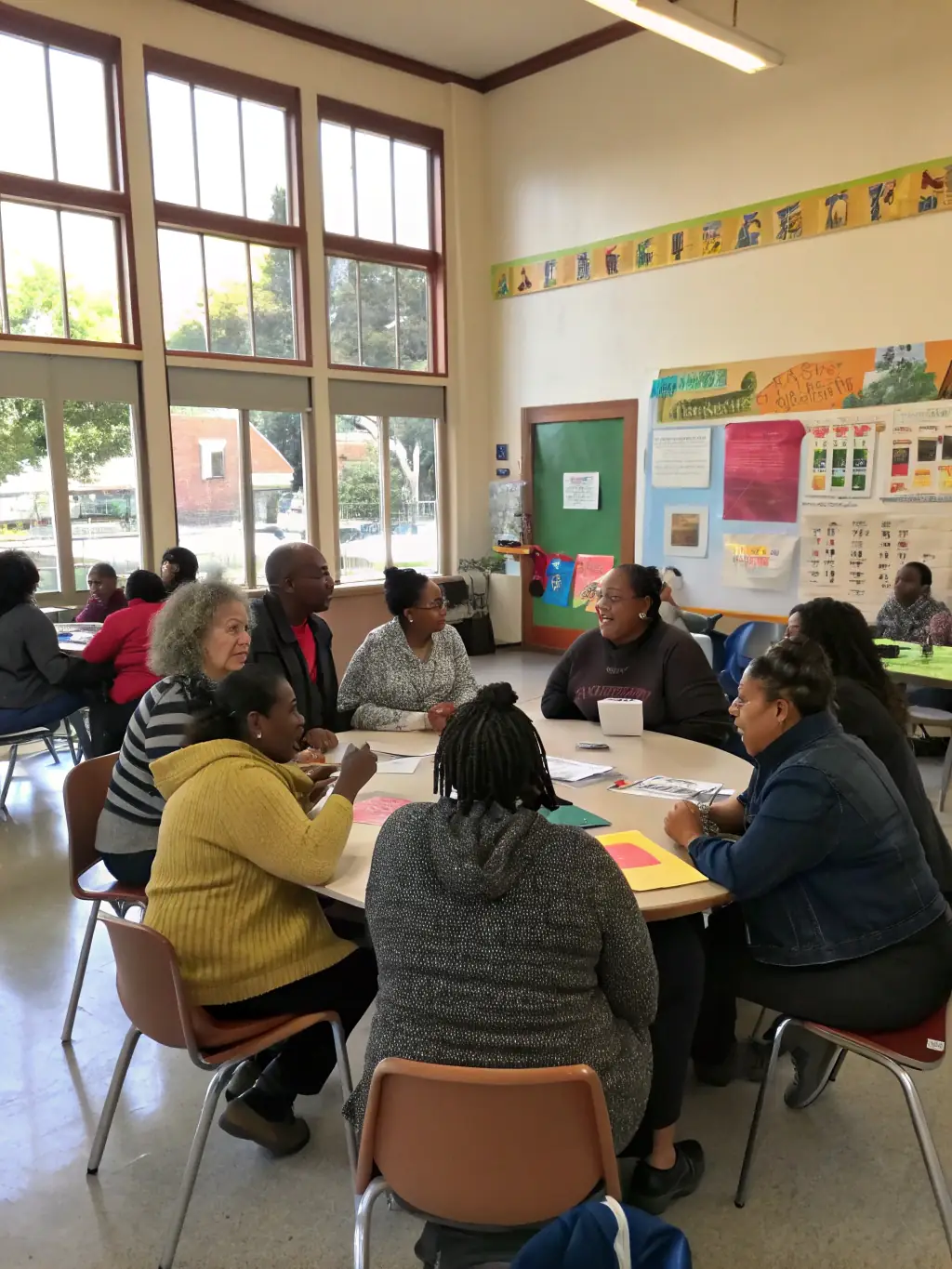 A photo of a group of adults engaged in a lively discussion during a support group meeting at the AHS-FC center.