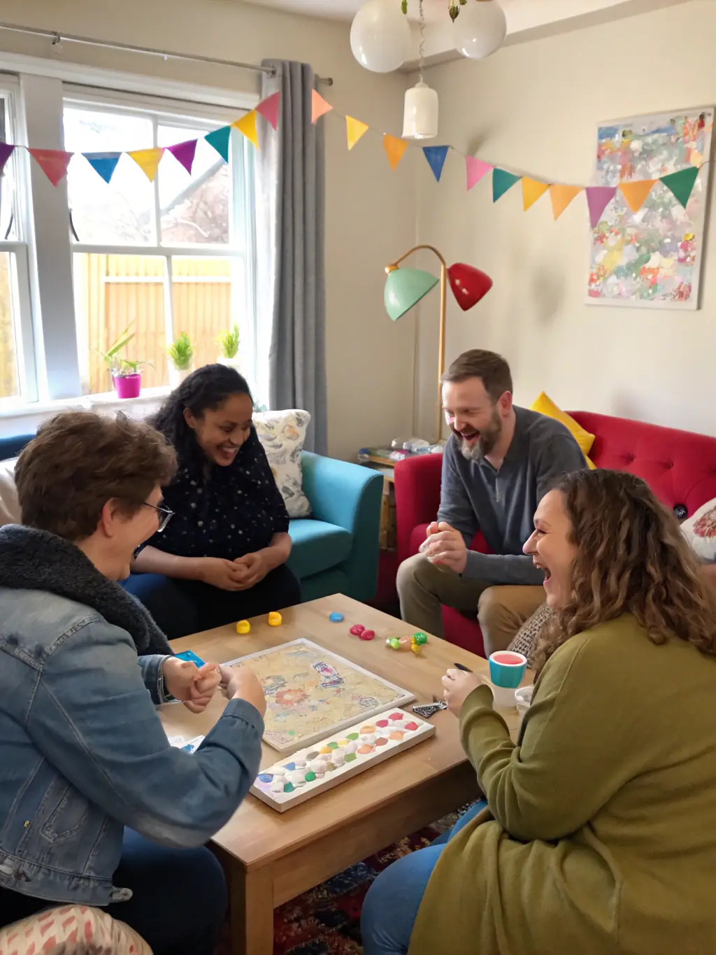 A social gathering of adults playing board games and engaging in friendly conversation in a comfortable and accessible community space.