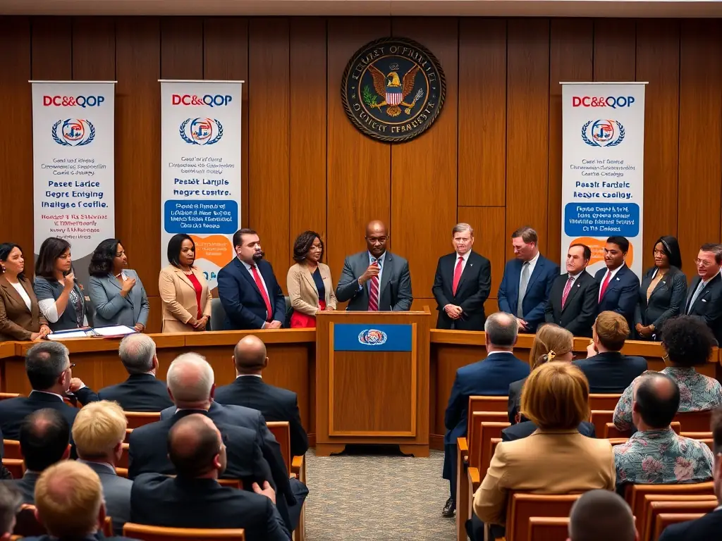 A photograph showing DC&QOP representatives advocating for the protection of oyster ports at a local government meeting, highlighting the organization's advocacy efforts.