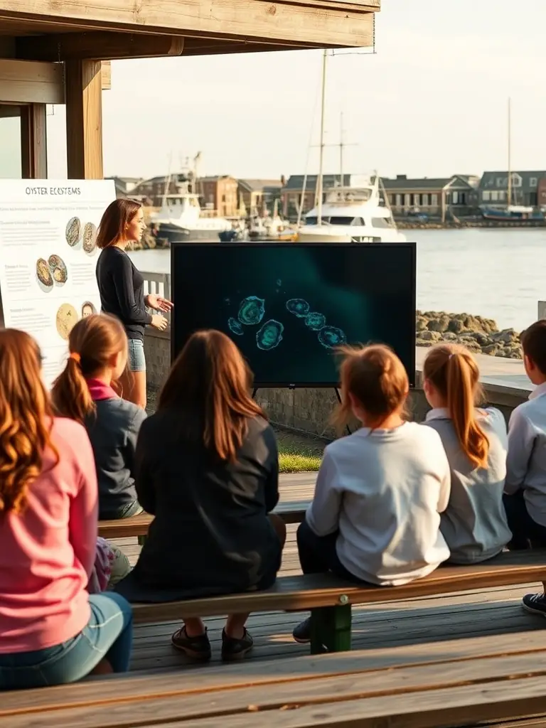 A picture of a DC&QOP representative giving a presentation to a group of students about the importance of oyster ports and their ecosystems.