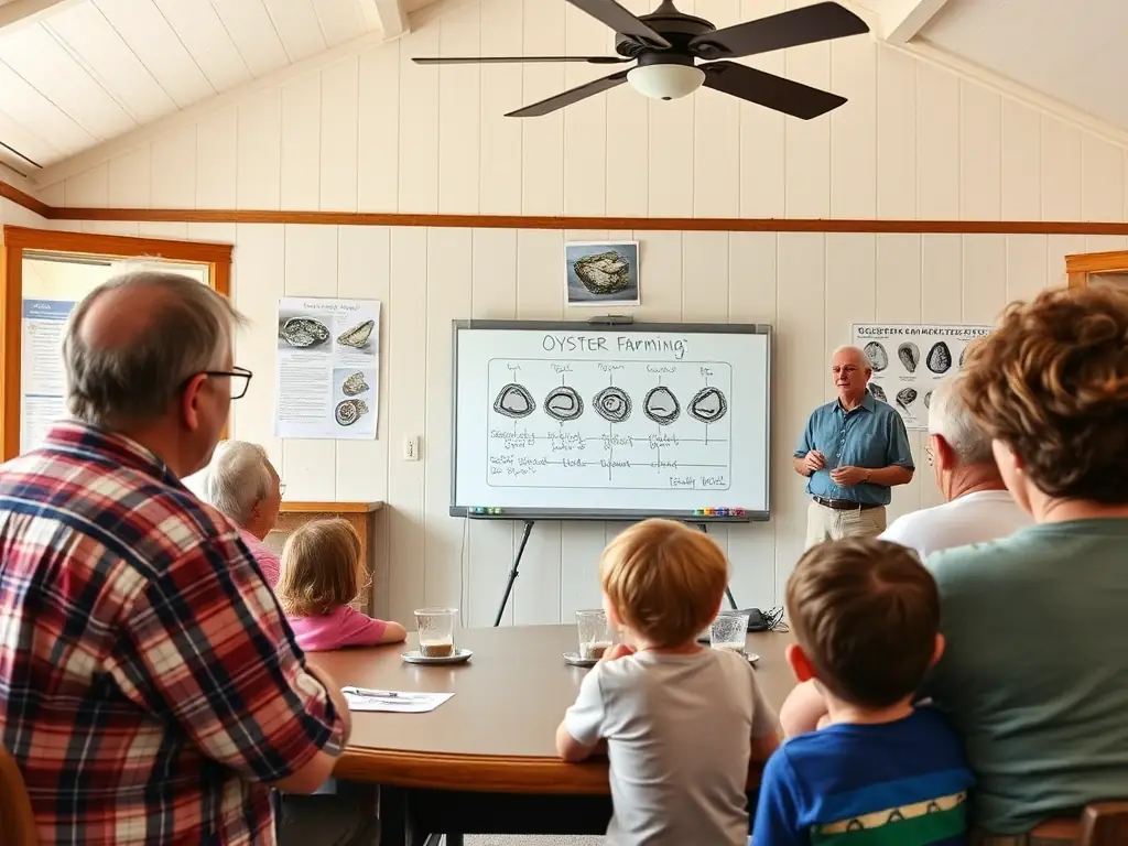 A photograph depicting a DC&QOP educational workshop, where experts are teaching local community members about sustainable oyster farming practices.
