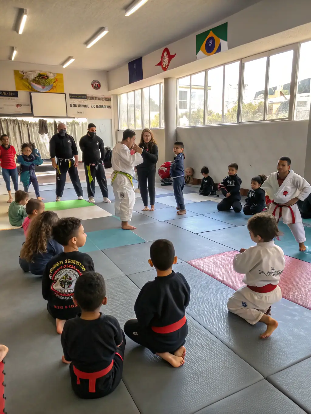 A group of smiling students of various ages and skill levels, celebrating their achievements and camaraderie at MMA Système Défense.