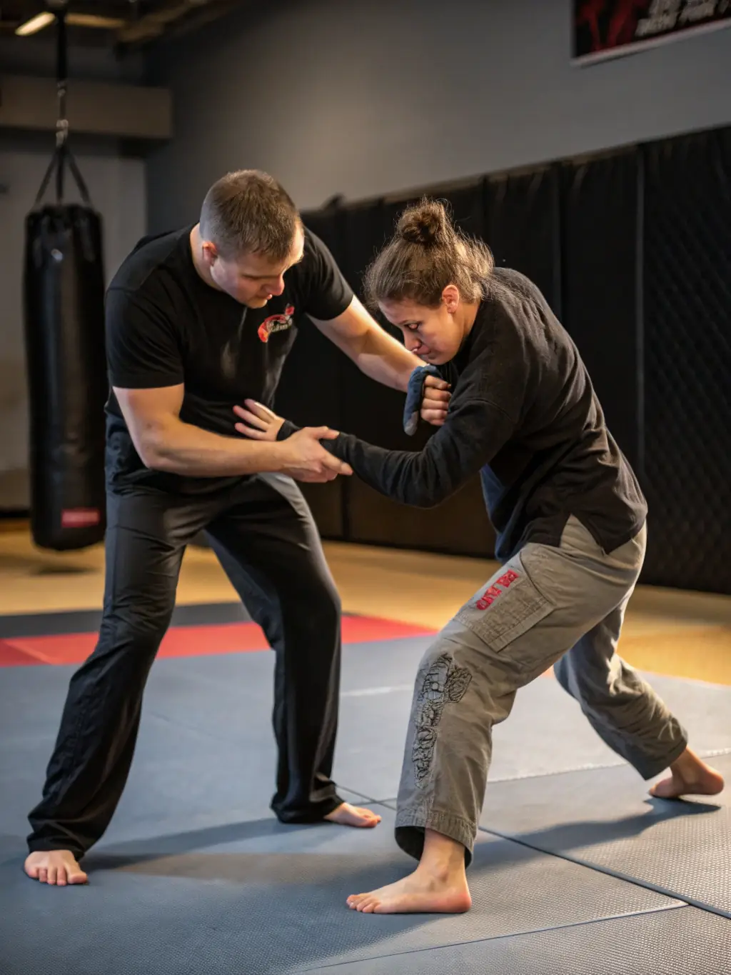 A focused image of students practicing self-defense techniques, emphasizing practical skills and empowerment at MMA Système Défense.