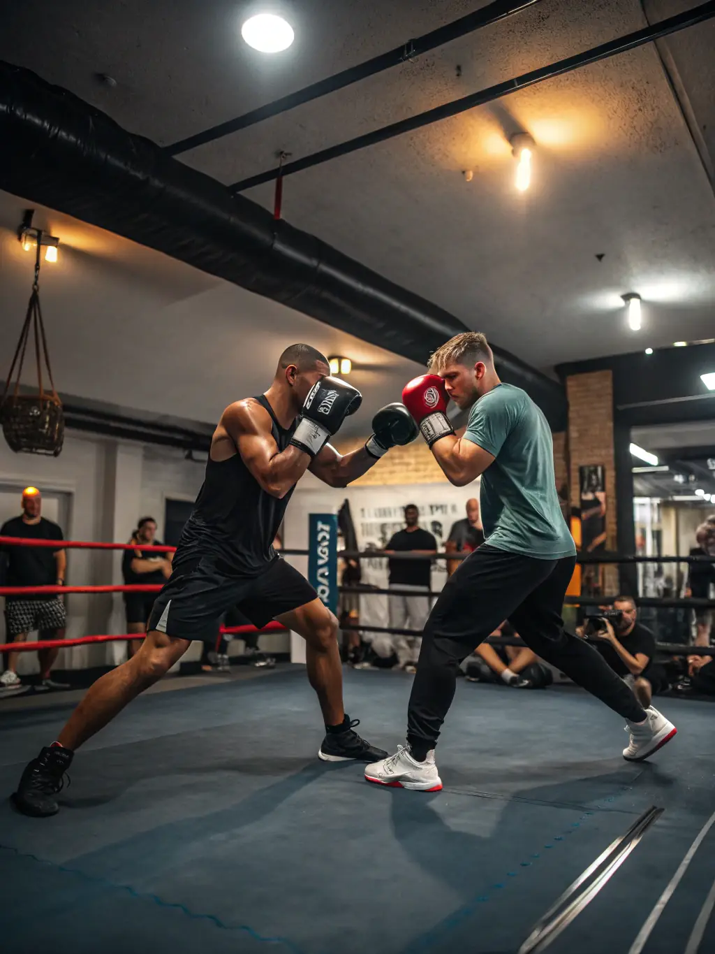 A high-energy image of MMA fighters sparring in a ring, showcasing the intensity and skill involved in MMA training at MMA Système Défense.