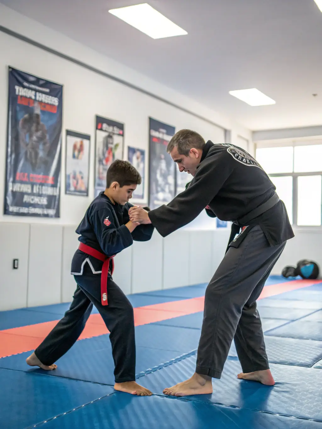 A group of students practicing self-defense techniques under the guidance of an instructor at MMA Système Défense, emphasizing practical skills.