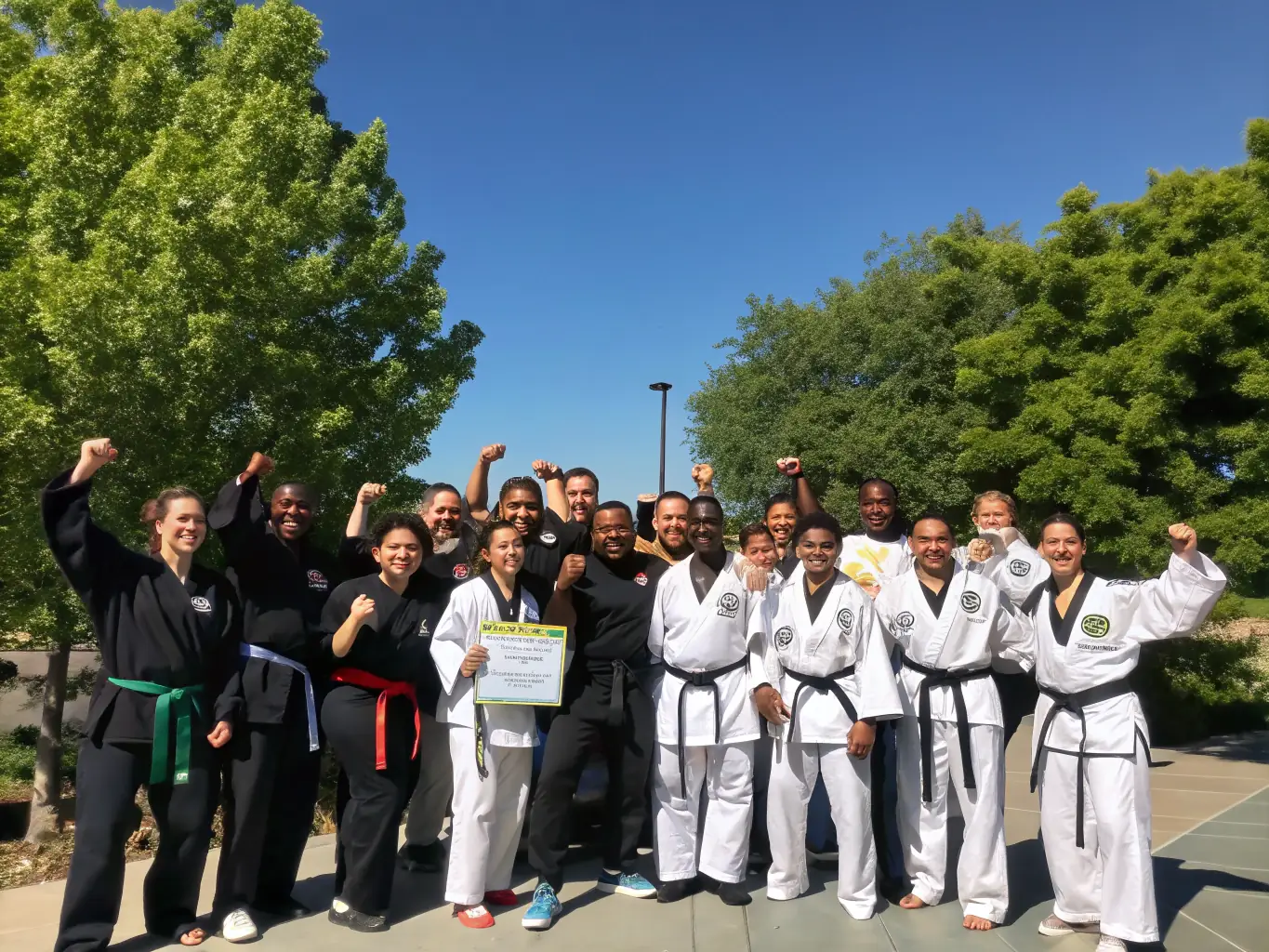 A vibrant photo of members of MMA Système Défense celebrating a victory or achievement together, illustrating the strong sense of community and support within the association.