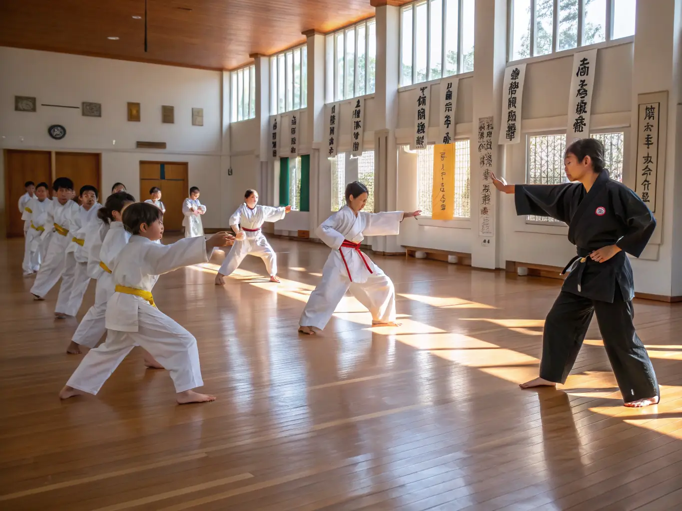 A group of diverse students attentively listening to an experienced instructor demonstrating a self-defense technique in a modern dojo setting, emphasizing the association's commitment to quality instruction.