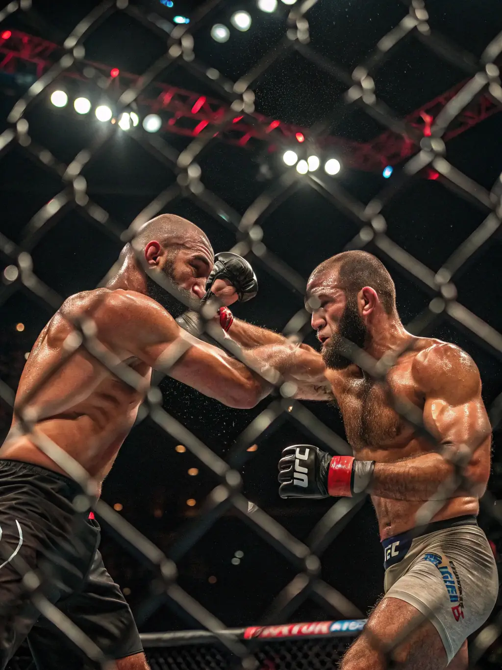 A dynamic action shot of MMA fighters sparring in a training session at MMA Système Défense, showcasing intense focus and technique.