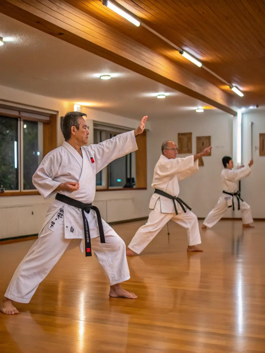 A disciplined image of students practicing traditional martial arts forms, highlighting the discipline and focus cultivated at MMA Système Défense.