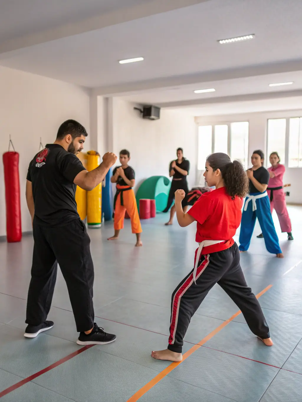 A diverse group of martial arts students practicing forms and techniques in a traditional setting at MMA Système Défense, highlighting discipline and precision.