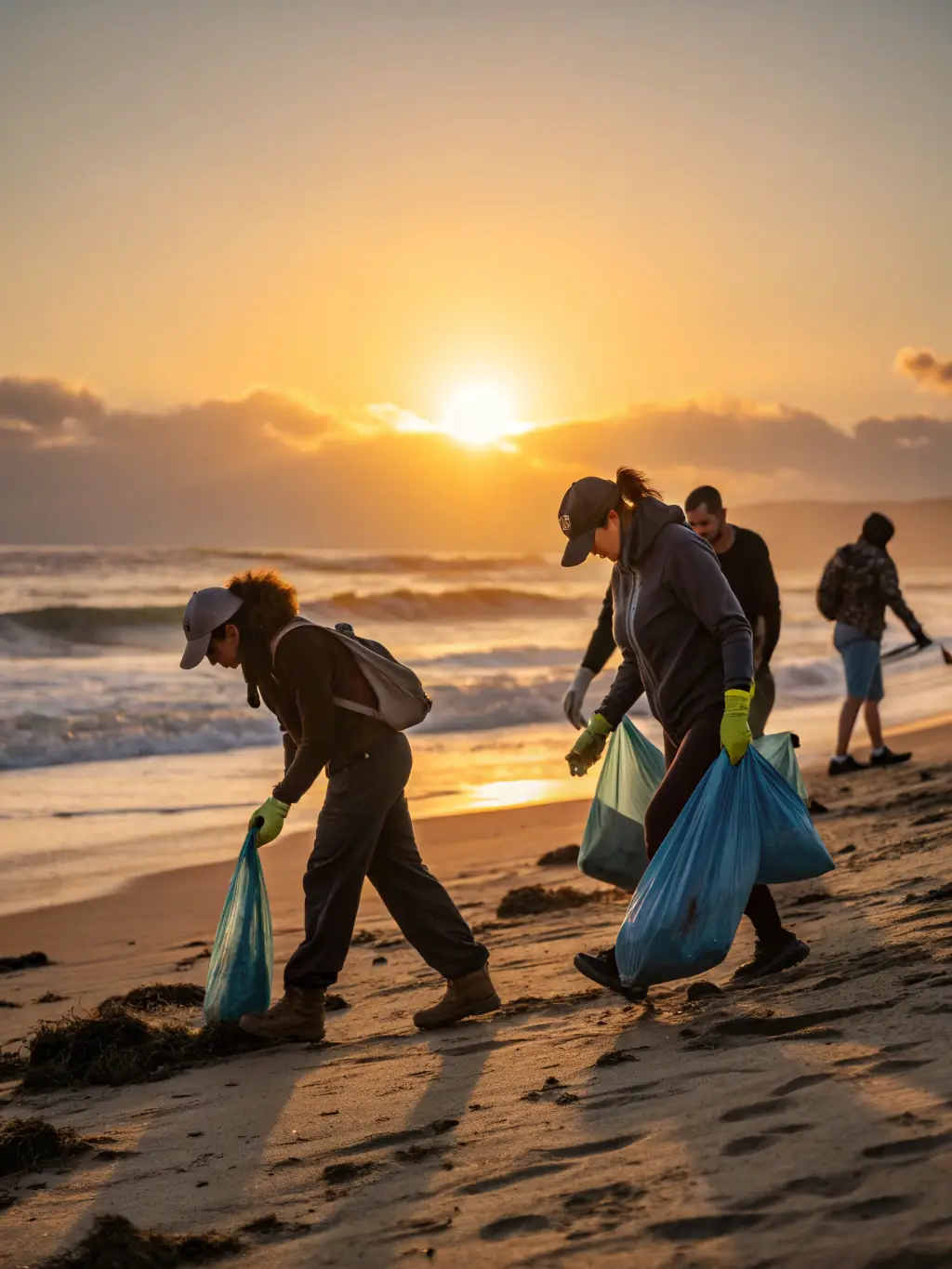 A photograph capturing volunteers cleaning up debris along the shoreline of an oyster port, emphasizing community involvement in preservation efforts.