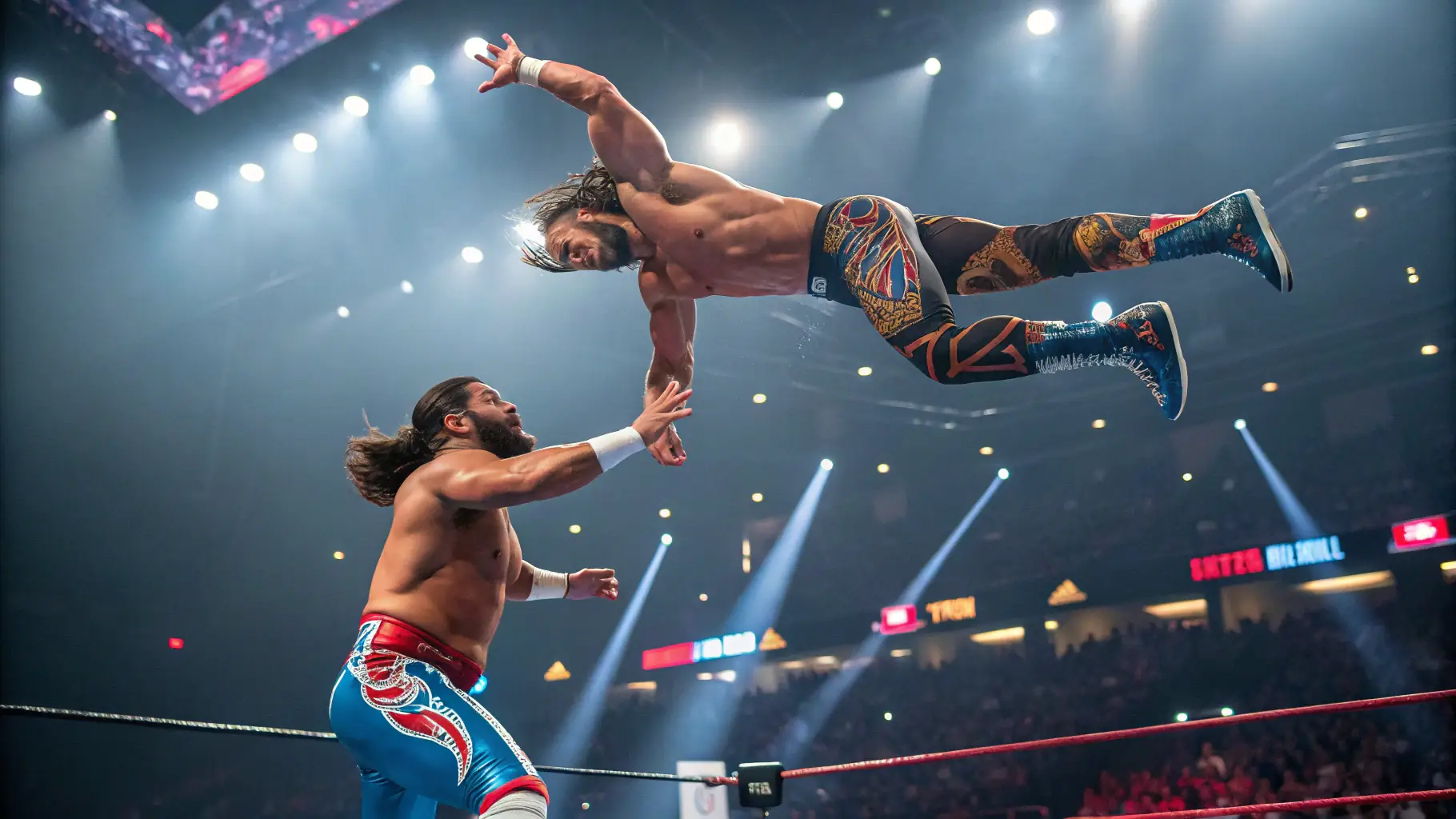 A dynamic martial arts event featuring two fighters in action, set against a backdrop of cheering spectators and bright stage lights.