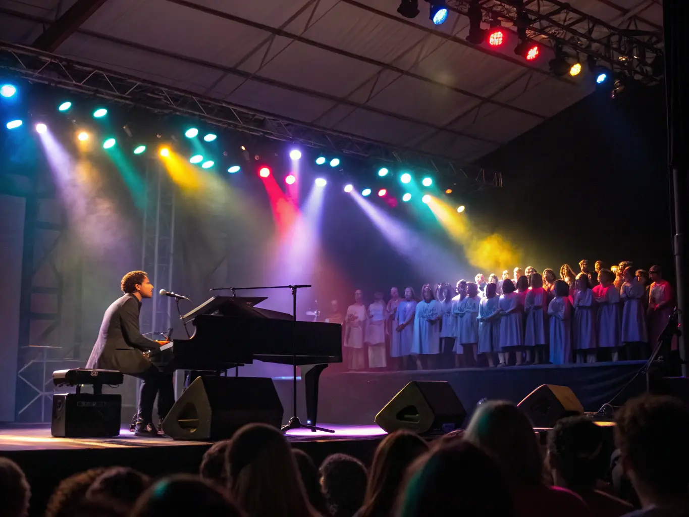 A photograph capturing a live organ concert inside the Église de Saverdun, showcasing the organ in full use with an audience appreciating the music.