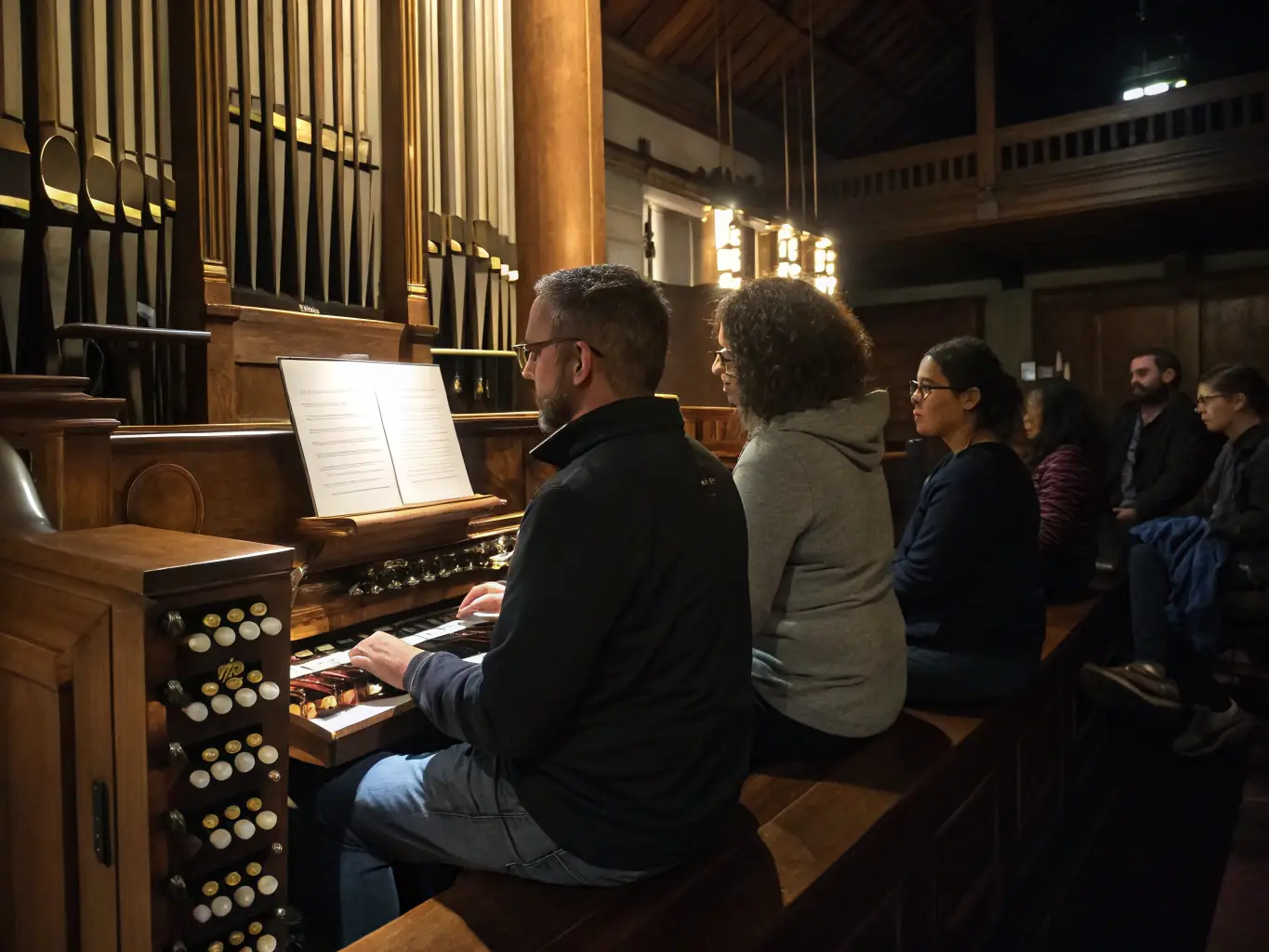 A group of volunteers working on the maintenance of the church organ, cleaning and tuning the pipes under the guidance of an expert.