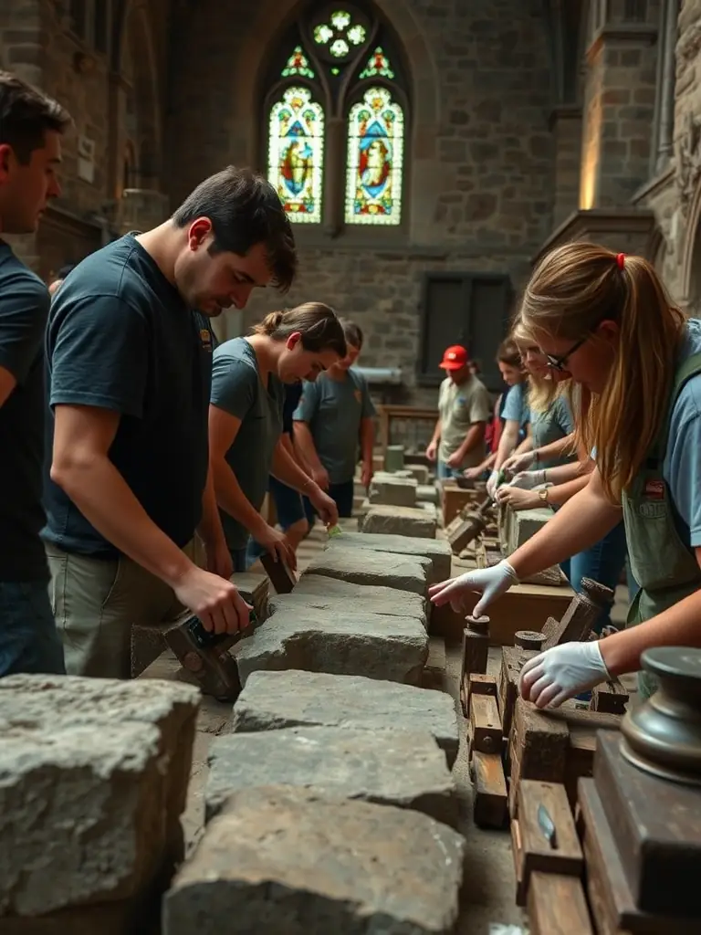 A photograph of a group of volunteers cleaning and maintaining the pipes of the historic church organ in Saverdun, showcasing the hands-on preservation efforts of the AOES.